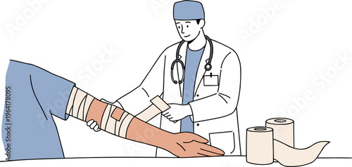 Doctor applying bandages to injured arm on a table in a medical setting with modern tools and supplies on a transparent background