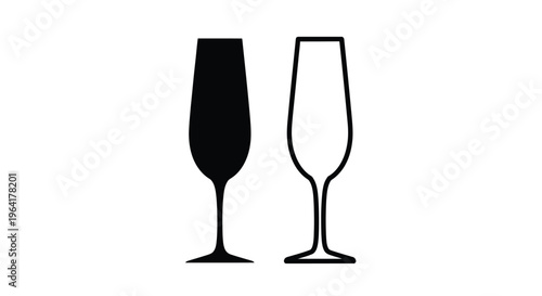 Two champagne flutes one filled and one empty in black silhouette