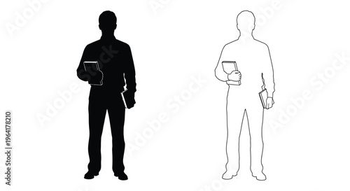 Two men holding clipboards one dark and one light silhouette