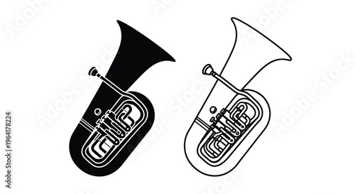 Two brass instruments a tuba and sousaphone in contrasting styles silhouette
