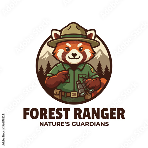 A charming red panda dressed as a forest ranger, equipped with binoculars, portraying the essence of wildlife protection and nature's guardianship in a vibrant forest backdrop.