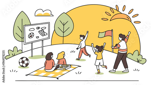 Joyful Stickman Family and Friends at Outdoor Park Soccer Watch Party – Vector Illustration