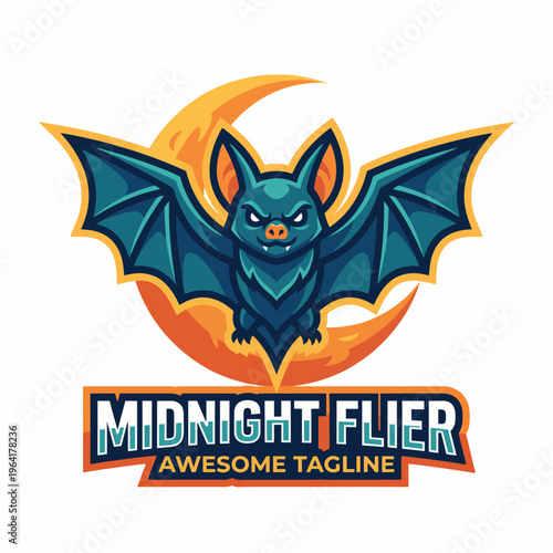 A stylized bat with large wings soars under a bright crescent moon, embodying freedom and adventure in an energetic and engaging nocturnal setting with rich colors.