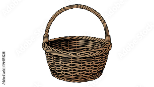 A rustic woven basket with a sturdy handle for carrying or storage purposes Vector