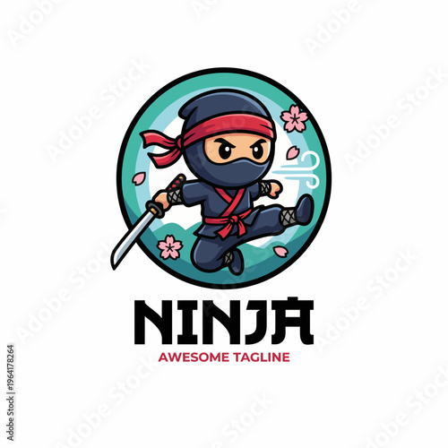 This image features a dynamic ninja character in motion, showcasing agility with a sword, surrounded by cherry blossoms, embodying stealth and skill in a vibrant design.