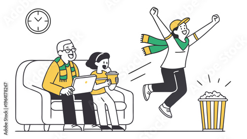 Excited Young Man Cheering While Watching Soccer with Family on Couch – Stickman Vector, man and woman