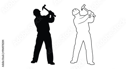 Construction worker hammering depicted in contrasting styles a black silhouette