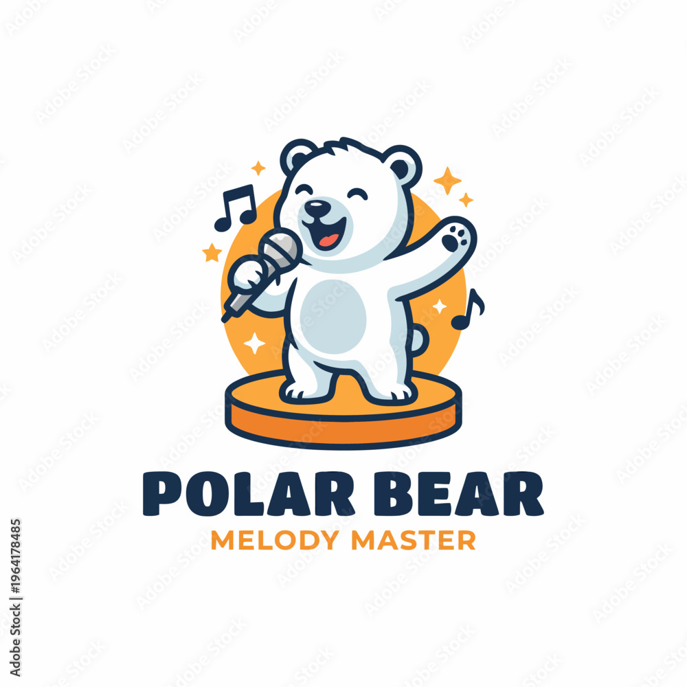 Fototapeta premium This delightful polar bear character, joyfully singing into a microphone, represents happiness and music, making it perfect for brands related to entertainment and celebration themes.