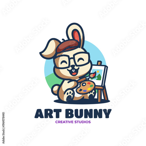 This delightful illustration features a cute bunny wearing glasses, joyfully painting a masterpiece on an easel, symbolizing creativity and artistic enthusiasm.