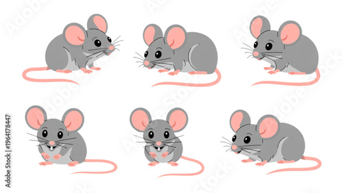 Five cartoon mice standing in a row with pink ears and red eyes Vector