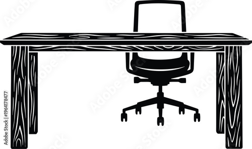 Minimalist wooden desk and office chair silhouette for workspace icon