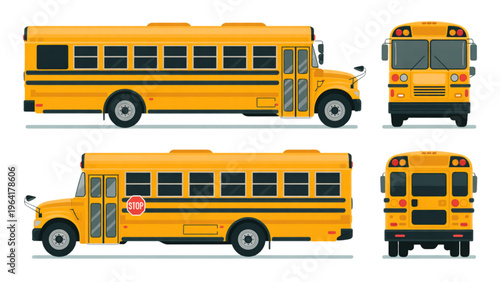 Lineup of school buses in yellow color driving on the road Vector