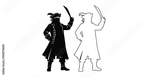 Two pirates with swords one in black and white silhouette