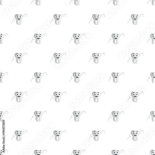 Cartoon tooth character flossing teeth creating a seamless pattern for oral hygiene