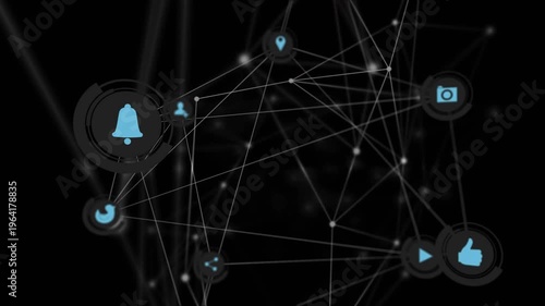 3D network rotating as virtual camera gliding, social UI icons pulsing to highlight functions