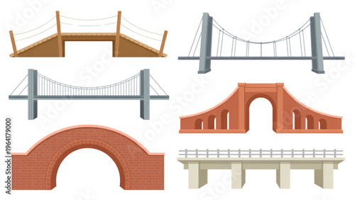 Illustration of various architectural bridge designs and structural shapes Vector