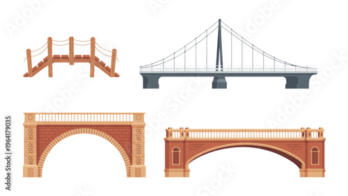 Four types of bridge architectural designs displayed in a row Vector
