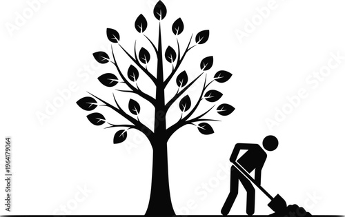 Professional Black Silhouette Vector of a Person Planting a Tree with a Shovel for Environmental Sustainability and Gardening Concept Illustration (20 words)
