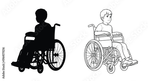 Boy in a wheelchair depicted in both outline and solid silhouette