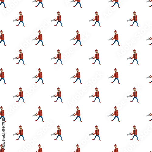 Cartoon lumberjack with beard and saw creating a seamless pattern