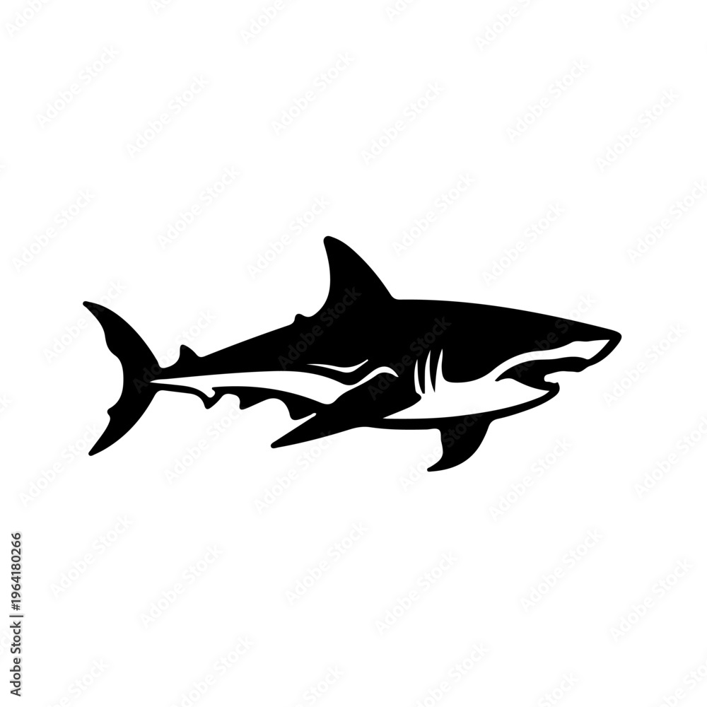 Fototapeta premium Black shark silhouette isolated on white background. Ideal for ocean, danger and marine designs.