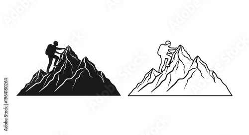 Mountaineer celebrating victory on a peak black graphic silhouette