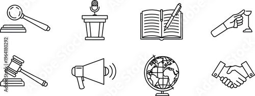 Collection of minimalist line art icons representing law justice communication and global affairs ideal for web app and presentation design