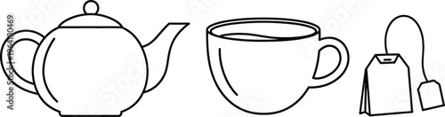 Minimalist black and white vector icon set featuring a teapot teacup and tea bags ideal for cafe branding web design or hot beverage menus