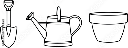 Set of simple line art gardening tools including a shovel watering can and plant pot isolated on a white background for various design projects