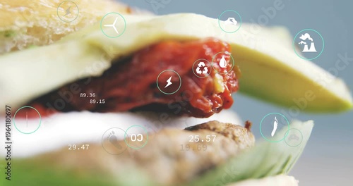 Camera panning down, stacked food item showing eco metrics with HUD icons and changing numbers
