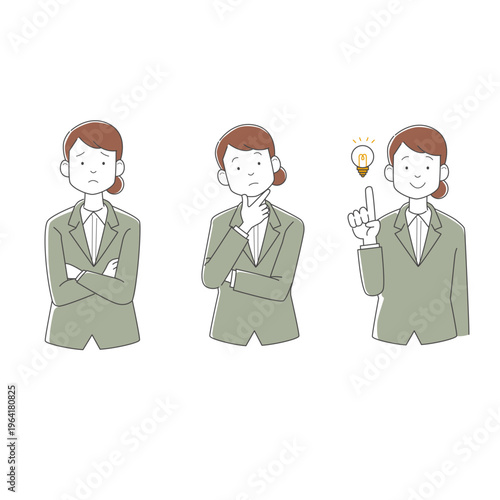 ビジネスウーマンの表情セット（悩む・考える・ひらめく）