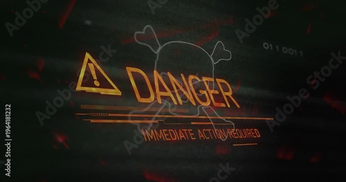 Security HUD forming from skull outline and scan lines, showing DANGER IMMEDIATE ACTION REQUIRED