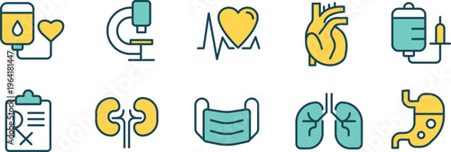 Illustrations of various medical and health-related icons