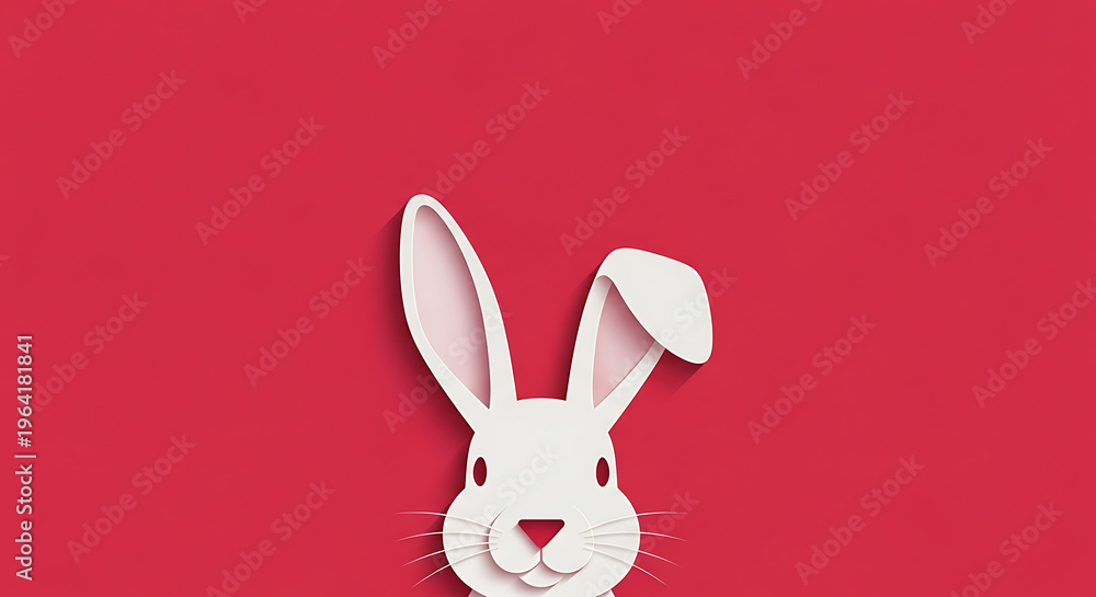 Obraz premium A white rabbit peeks from behind a white surface against a red background.