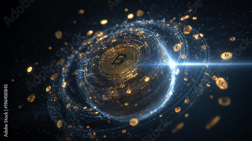 Cryptocurrency coins orbiting a glowing blockchain network sphere with data nodes in a futuristic neon digital space
