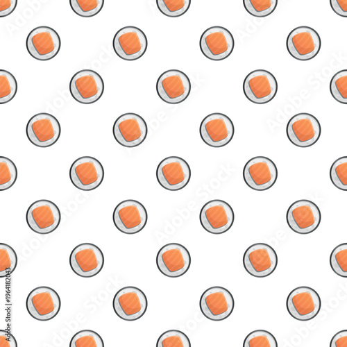 Circular maki sushi pieces creating a repeating pattern on white background