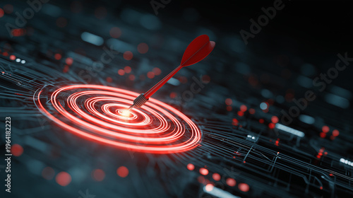 Red dart hits illuminated digital bullseye target in a glowing cyber abstract technology background conveying precision and success
