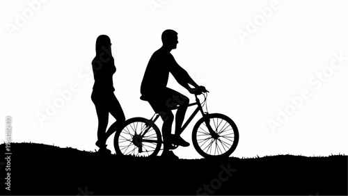 Couple Biking and Walking Silhouette on Grassy Hill Vector Graphic