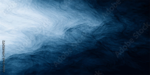 An abstract texture of blue smoke waves and ethereal mist patterns swirling against a dark black night sky like a stormy motion of deep ocean clouds in space