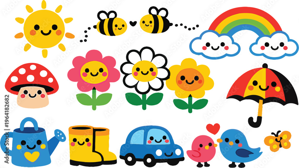 Fototapeta premium Adorable kawaii-style spring clipart bundle featuring sun, rainbow, bees, flowers, birds, umbrella, and more. Perfect for kids designs, nursery decor, stickers, and seasonal creative projects.
