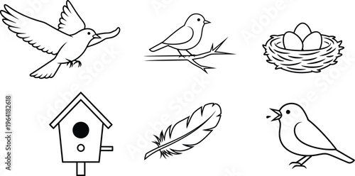 Bild auf Leinwand Outline vector icons of birds and nature elements featuring flying and perched b