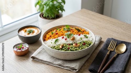 Healthy vegan Buddha bowl with colorful vegetables on wooden table