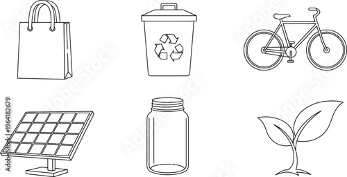 Set of eco-friendly line art icons featuring sustainability symbols like a recycle bin solar panel and bicycle perfect for environmental awareness campaigns and web design