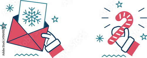 Holiday themed envelope and candy cane graphics with festive stars and snowflakes