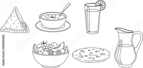 Collection of various food and drink items presented in a clean outline vector style perfect for menu design healthy eating concepts or cooking infographics