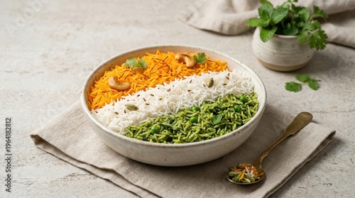 Tricolor rice dish inspired by Indian flag with herbs and spices