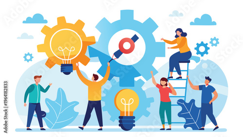 Business Partnership Collaboration and Marketing Strategy with Tiny Workers Operating Gears and Developing Light Bulb Ideas