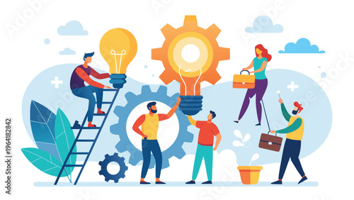 Effective cooperation, teambuilding and marketing strategy of partners. Tiny people moving gears with tools and wrench, building collaboration and light bulb project cartoon vector illustration.