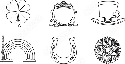 Set of traditional St Patricks Day and good luck charm icons presented in a clean outline vector style perfect for holiday celebrations and Irish-themed designs