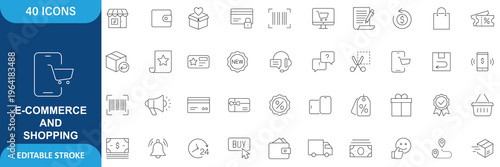 E-commerce and Shopping icon set. Containing mobile shop, shopping cart, testimonials, shipping and delivery, fashion. line Icon . Editable stroke. Vector illustration